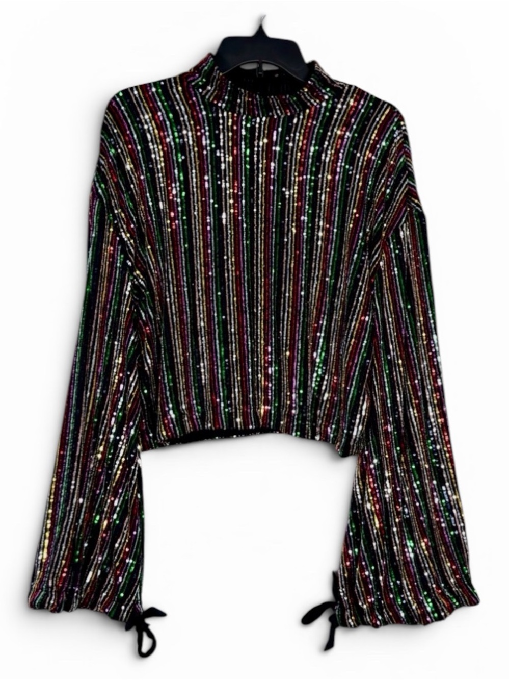 Free People Sequin Striped Long Bell Sleeve Mock Neck Crop Top, Size Large, NWOT